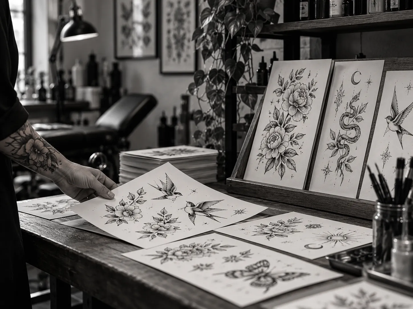 Fine-Line-Flash-Bögen mit Pfingstrosen, Schwalben und einer Schlange auf einem Holztisch im Tattoostudio