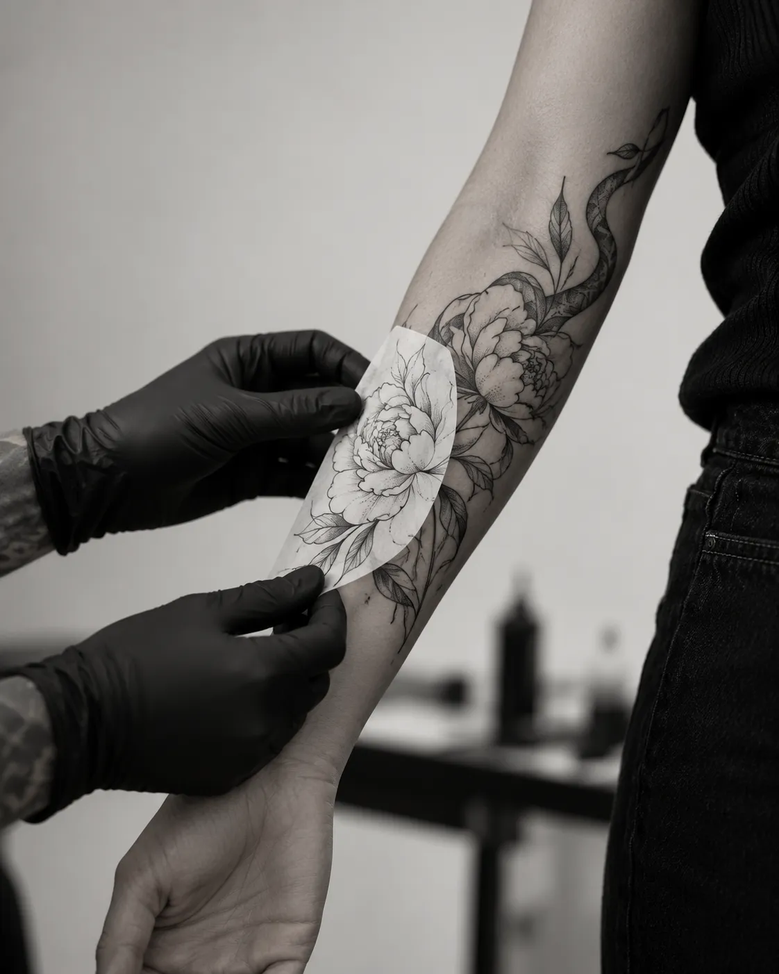 Hände in Handschuhen setzen eine Pfingstrosen-Schablone auf einen Unterarm mit Fine-Line-Blumentattoo