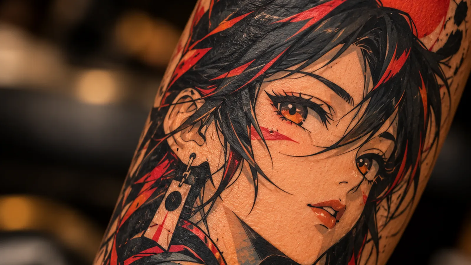 Tattoo in anime-stijl van een meisje met rood-zwart haar en een rode zon op een arm
