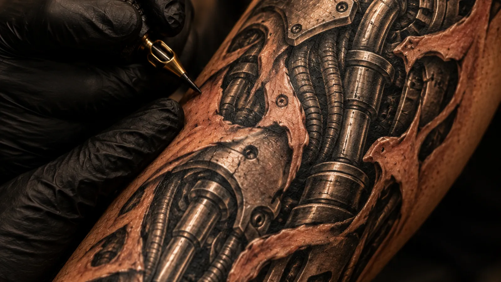 Biomechanische onderarmtattoo van zuigers en kabels onder opengescheurde huid, tijdens het zetten