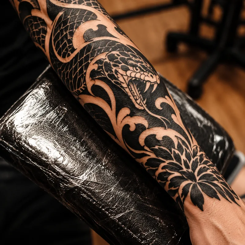 Blackwork forearm tattoo of a snake with bold black waves and a flower