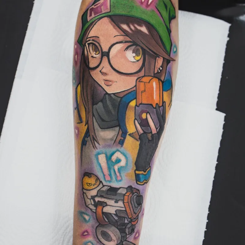 Colourful new school cartoon character tattoo on a forearm