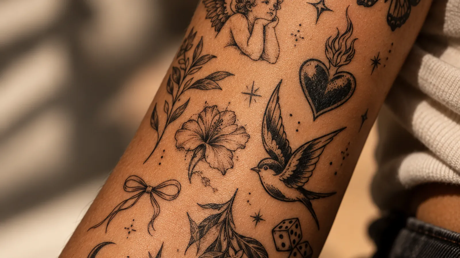 Patchwork sleeve of small separate tattoos, such as a sun, swallow, heart, snake and shell