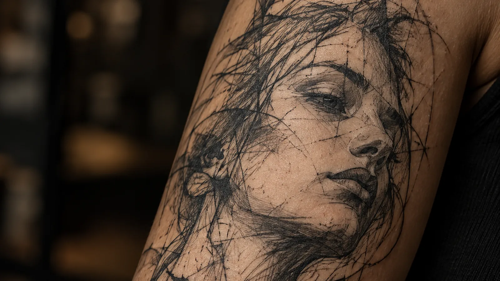 Sketch-tattoo van een vrouwengezicht met losse, krasserige potloodlijnen op een arm