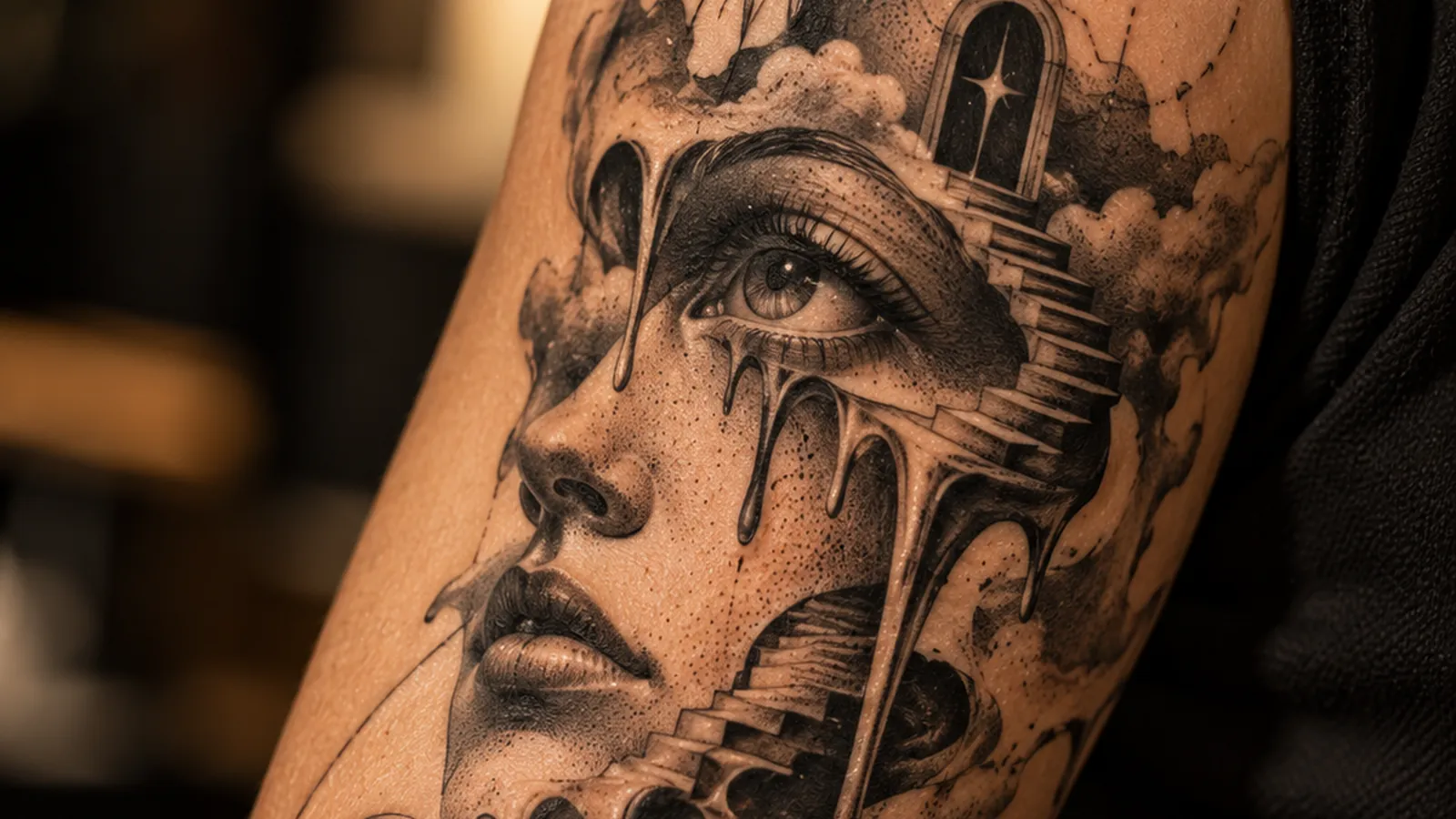 Surrealistische zwart-grijze tattoo van een gezicht dat in water smelt onder een trap en manen