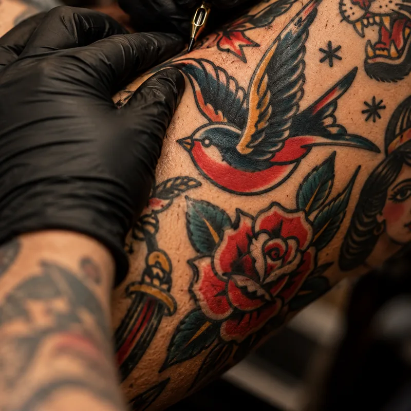 Traditional swallow, rose and tiger tattoos with bold outlines, with an artist at work